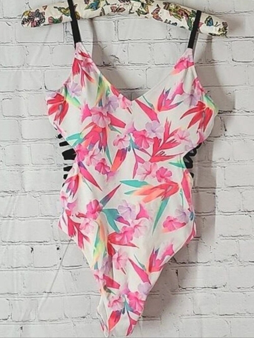 PINK Victoria's Secret Size M Floral Pink One-Piece Swimsuit with Black Straps